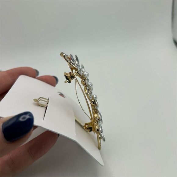 Faux Pearl Golden Hair Barrette Statement Silver Tone Leaves Natural Rhinestone - Picture 7 of 8